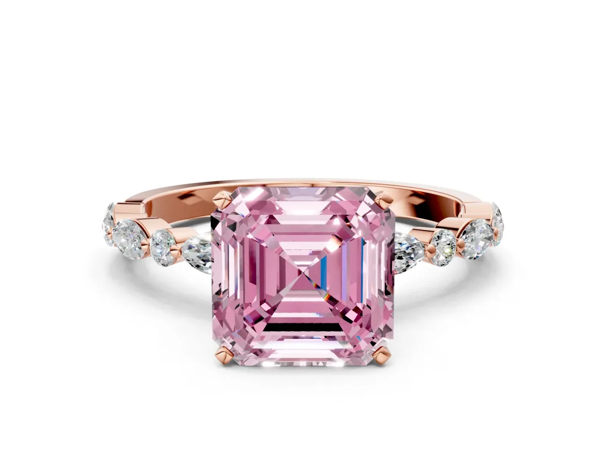 Fancy Pink Asscher Cut Diamond Ring with Marquise and Round Side Stones and Four-Prong Setting Rose gold