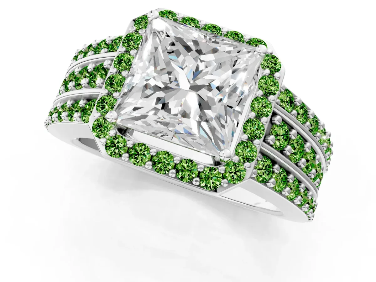 Princess Cut Halo Diamond Ring with Round Peridot Split Shank and Prong Setting White gold