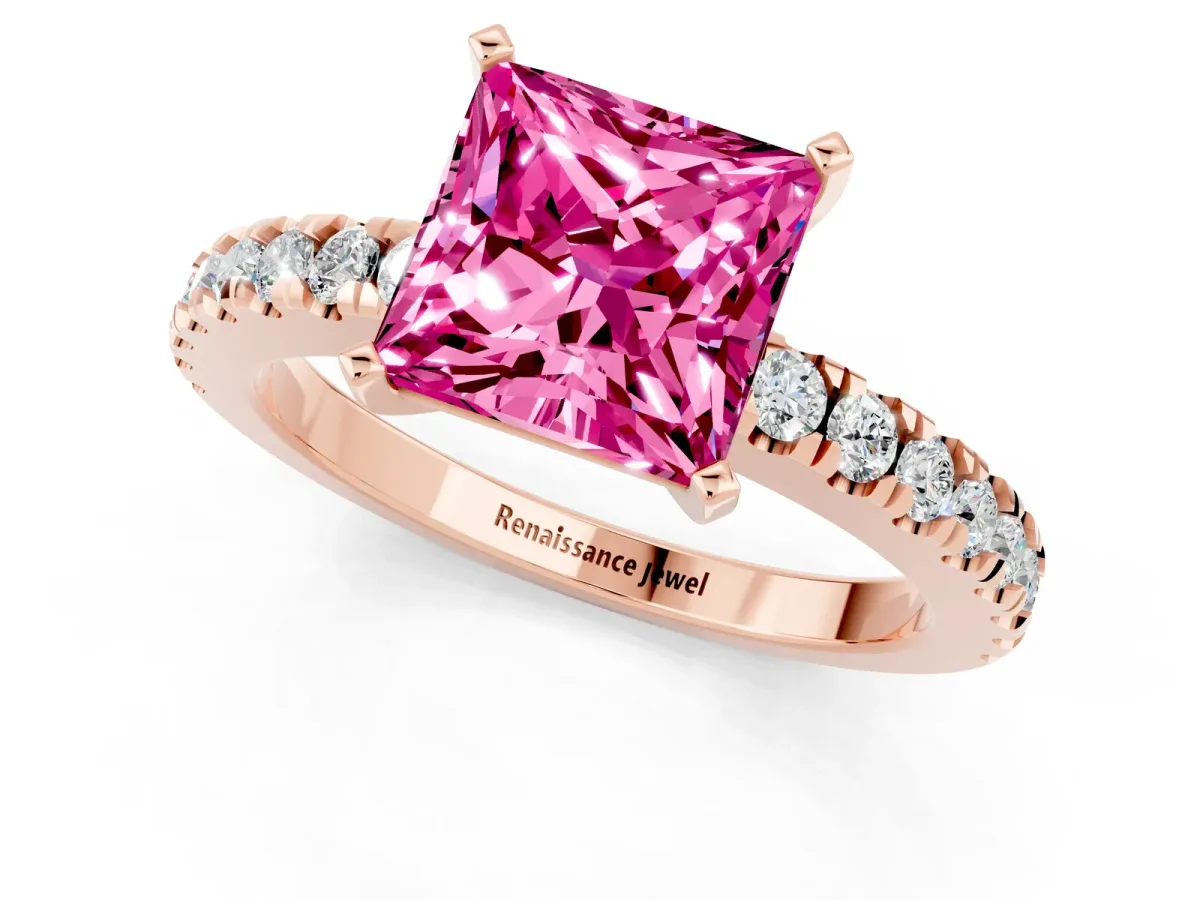 Princess Cut Solitaire Pink Sapphire with Pavé Band and Four-Prong Setting Rose gold