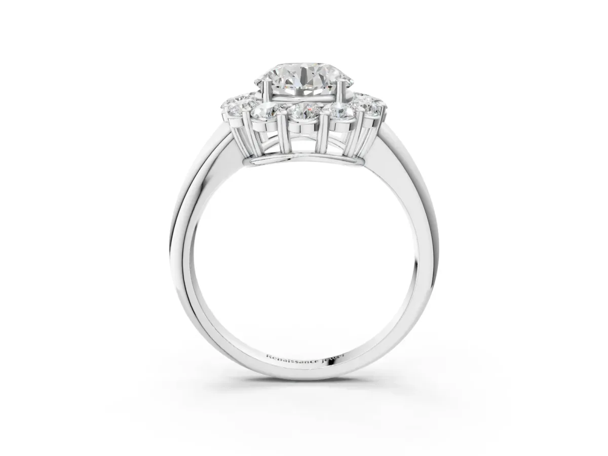 Round Cut Halo Cluster Diamond Engagement Ring with Prong Setting and Polished Band White gold
