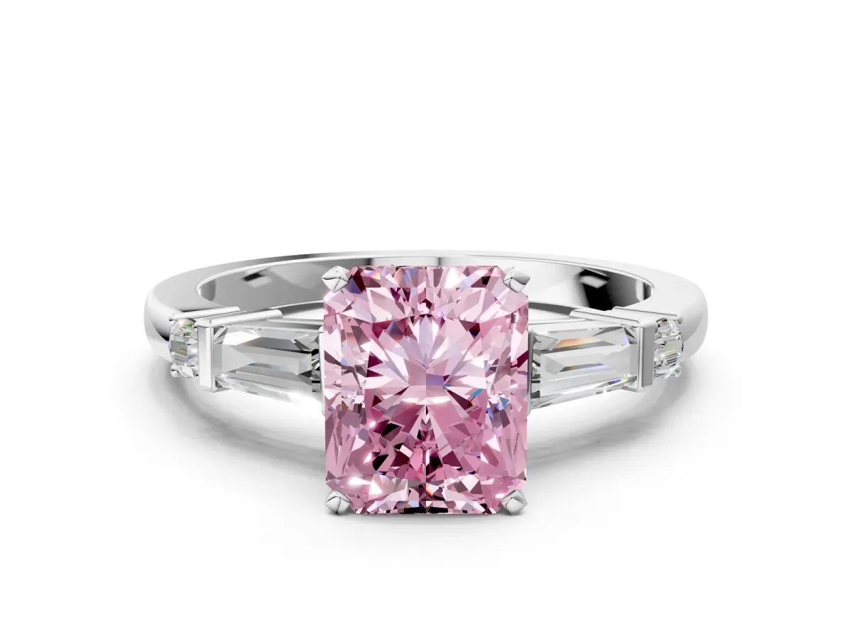 Fancy Pink Radiant Cut Cut Diamond Ring with Baguette Side Stones, Channel Set Band, and Four-Prong Setting Platinum