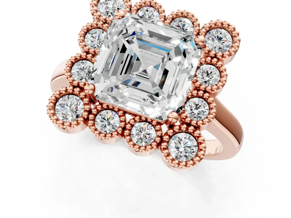 Asscher Cut Halo Diamond Cluster Engagement Ring with Milgrain Bezel Setting and Solitaire Band Rose gold