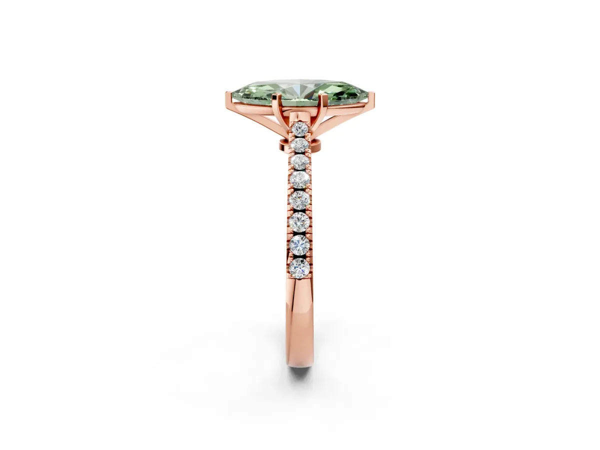 Fancy Green Marquise Cut Cut Solitaire Diamond Engagement Ring with Pave Band and Four-Prong Setting Rose gold