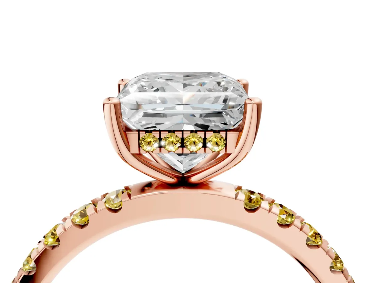 Princess Cut Diamond Pave Band Solitaire Ring with Round Yellow Sapphire and Prong Setting Rose gold