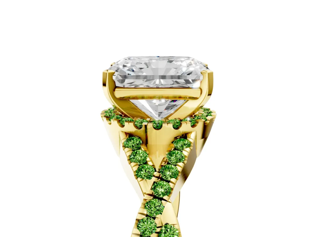 Radiant Cut Diamond Peridot Halo Twist Band Solitaire Prong Setting Ring Yellow gold