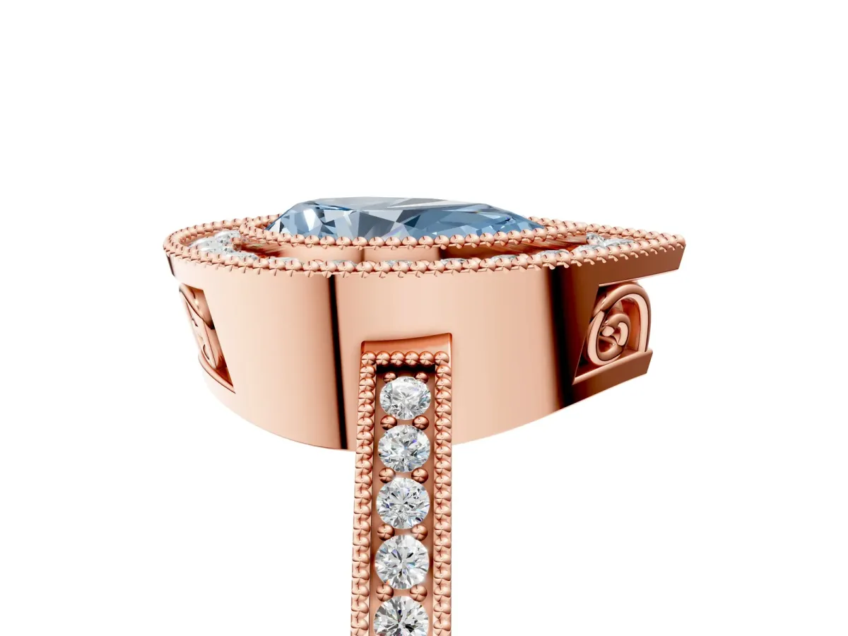Fancy Blue Pear Cut Cut Halo Diamond Ring with Pavé Band and Milgrain Prong Setting Rose gold