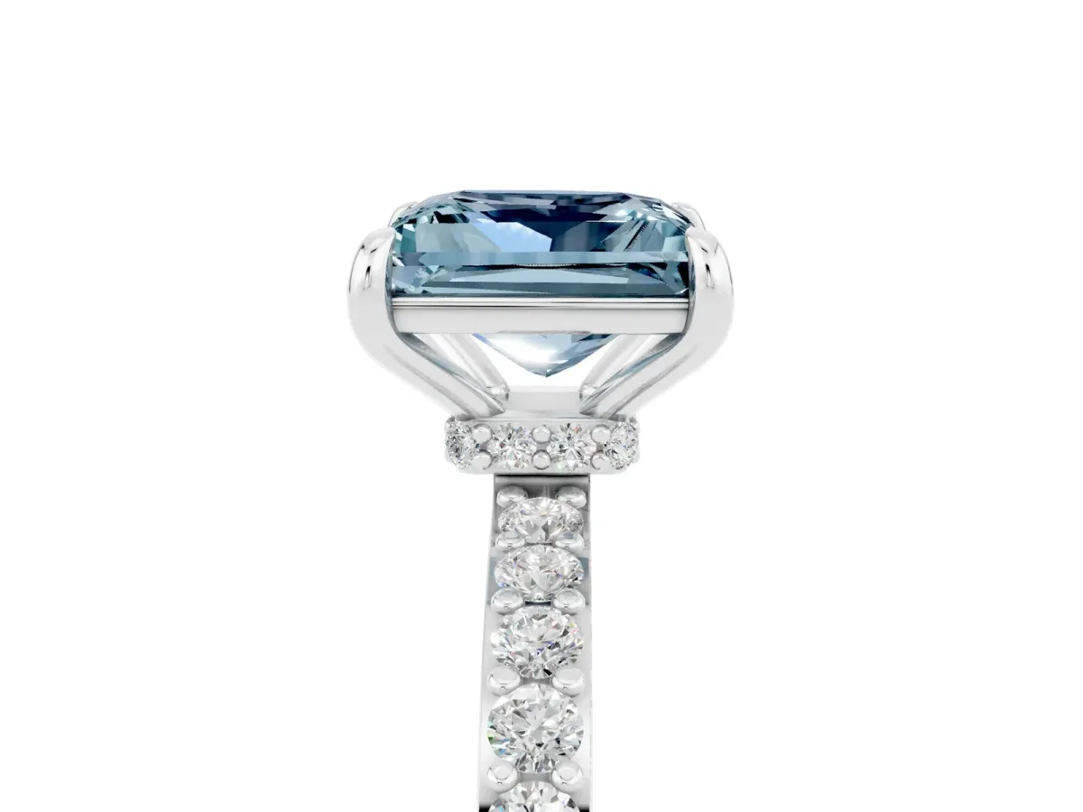 Princess Cut Aquamarine Solitaire Engagement Ring with Pavé Band and Four-Prong Setting Platinum
