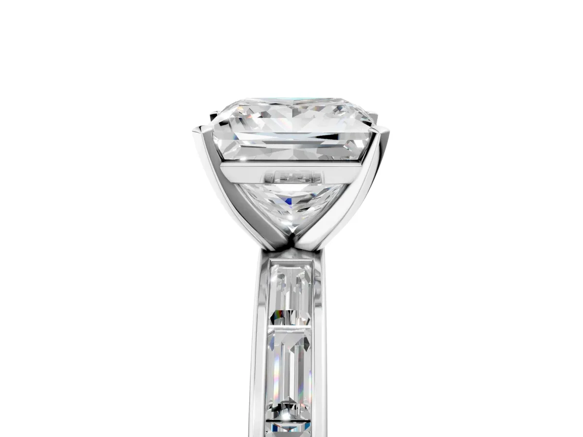 Princess Cut Solitaire Diamond Ring with Channel-Set Baguette Band and Four-Prong Setting White gold