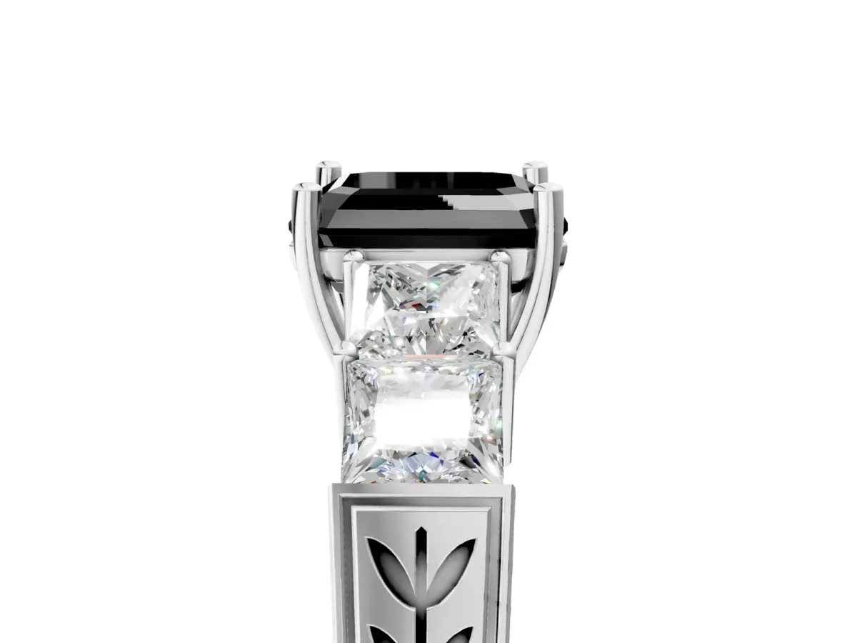 Fancy Black Asscher Cut Solitaire Princess Side Stone Engraved Band Prong Setting Ring Silver