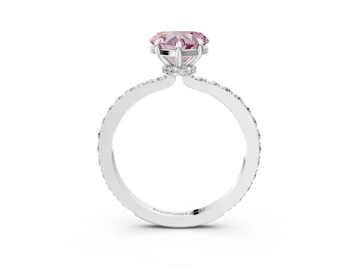Fancy Pink Heart Cut Diamond Solitaire Engagement Ring with Pavé Band and Four-Prong Setting White gold