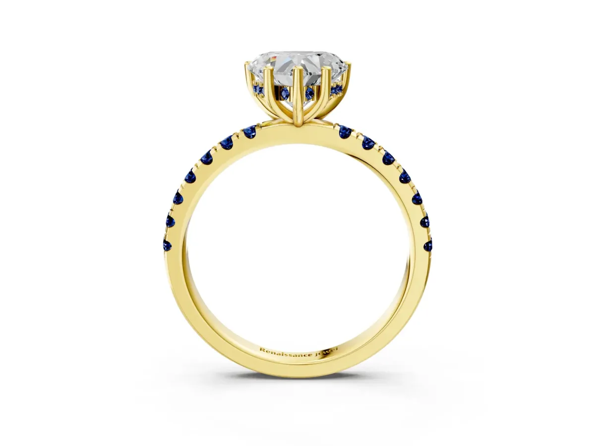 Heart Cut Diamond Pave Band Solitaire Ring with Round Blue Sapphire and Prong Setting Yellow gold