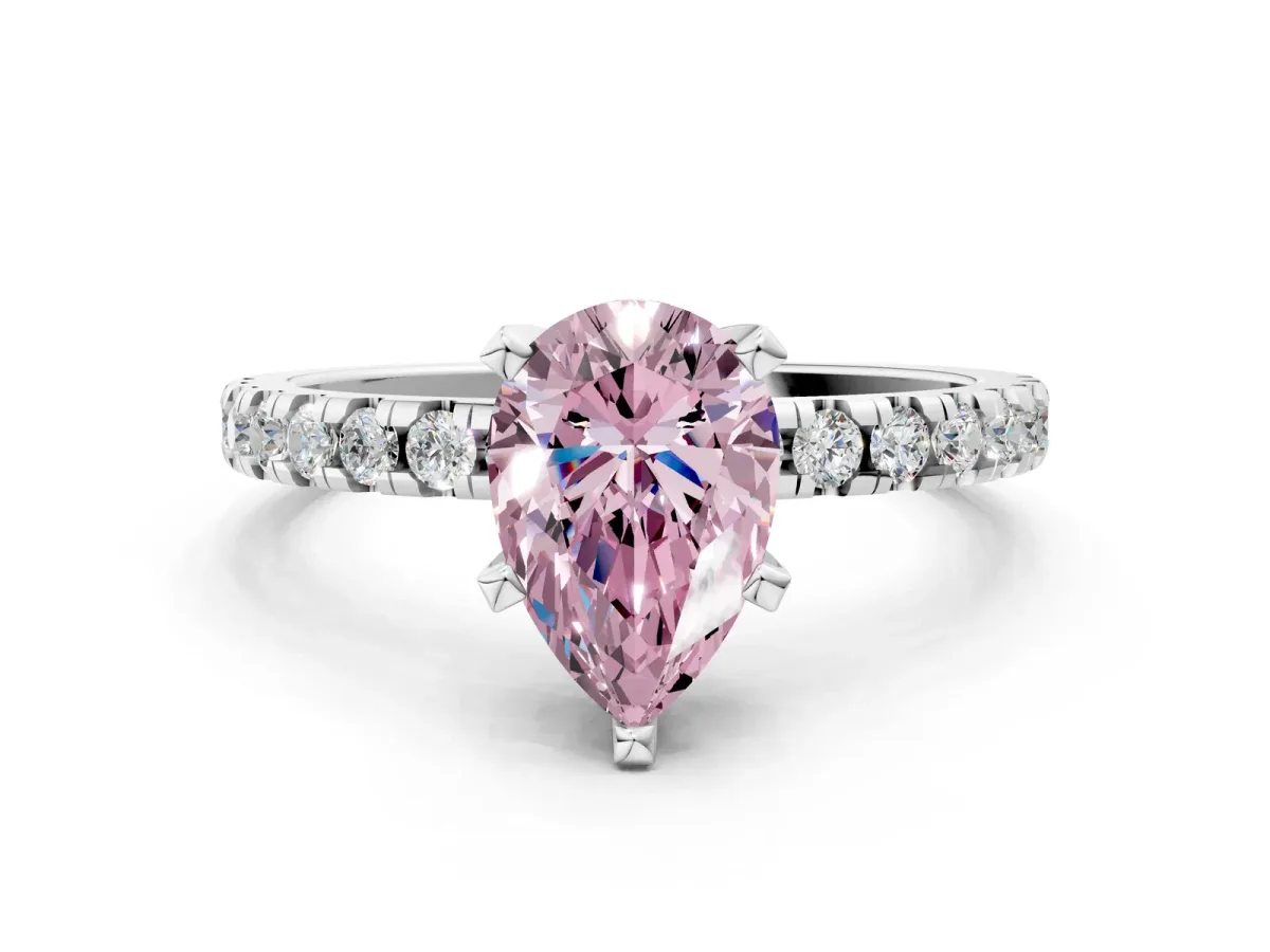 Fancy Pink Pear Cut Diamond Solitaire Ring with Round Pavé Band and Four-Prong Setting Silver