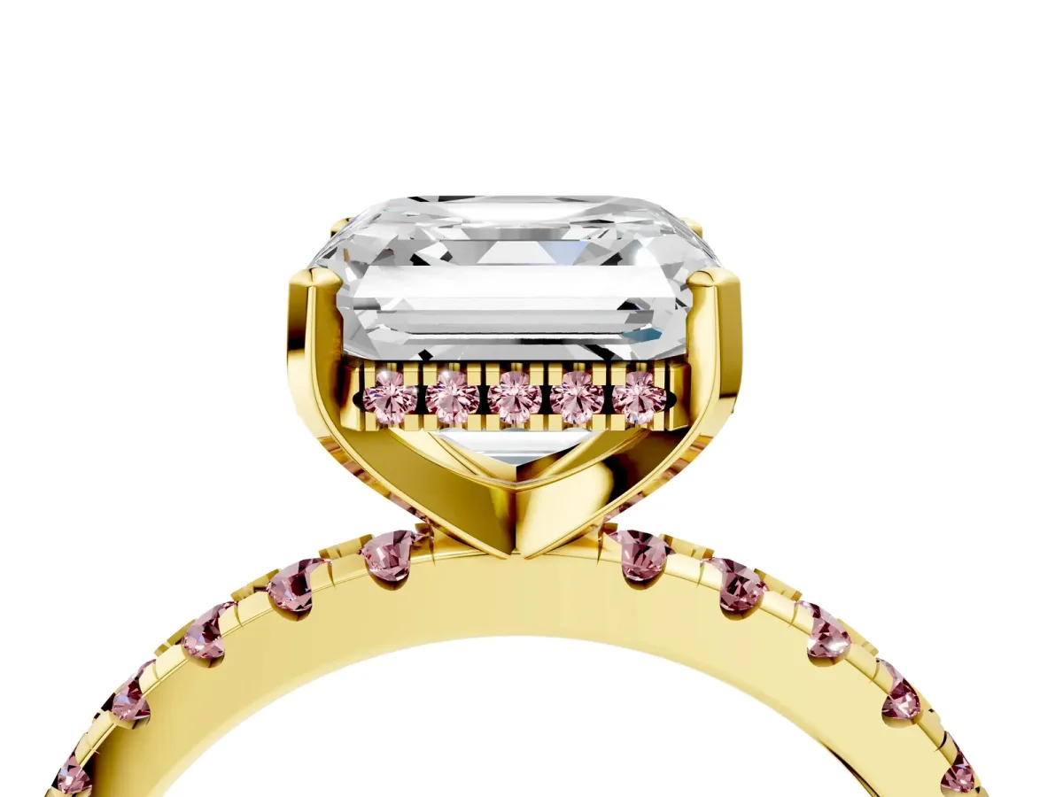 Asscher Cut Diamond Solitaire Ring with Round Morganite Pavé Band and Four-Prong Setting Yellow gold