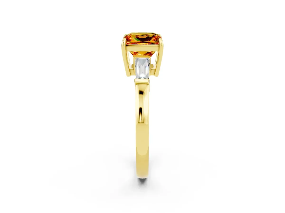 Princess Cut Citrine Three-Stone Ring with Tapered Baguette Side Stones and Prong Setting Yellow gold
