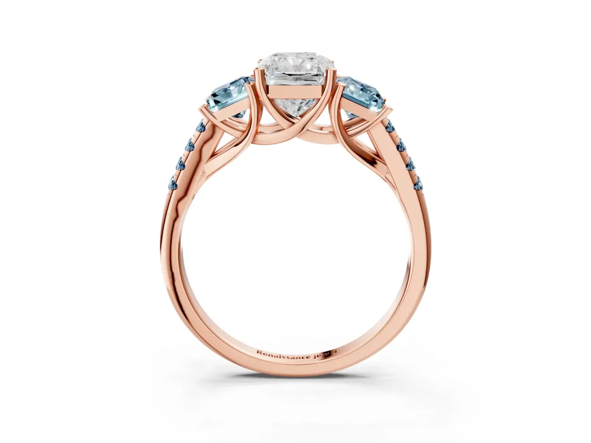 Three-Stone Radiant Cut Diamond Ring with Round Aquamarine Pavé Band and Prong Setting Rose gold