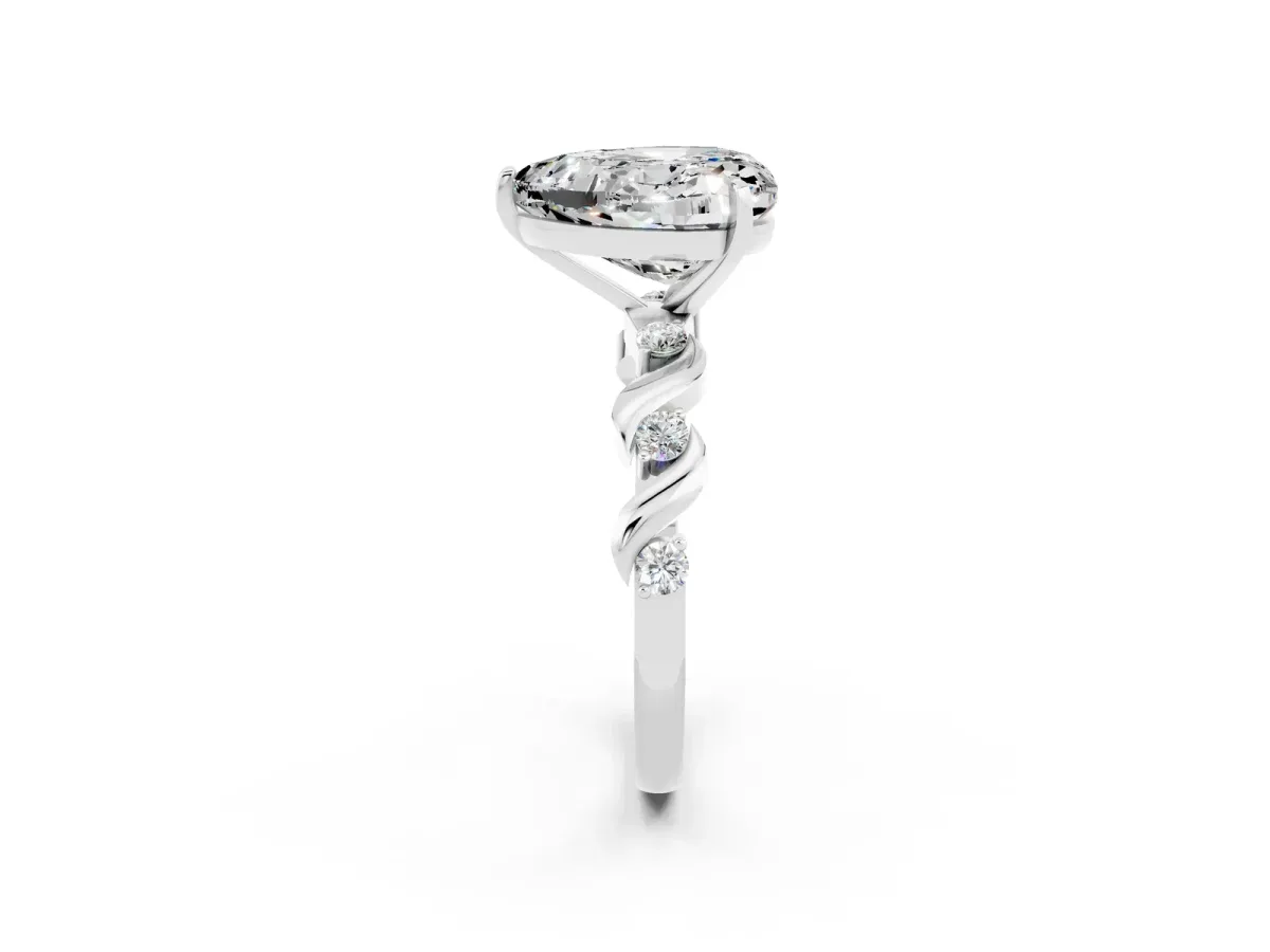 Heart Cut Moissanite Solitaire Twisted Band with Round Accents and Prong Setting White gold