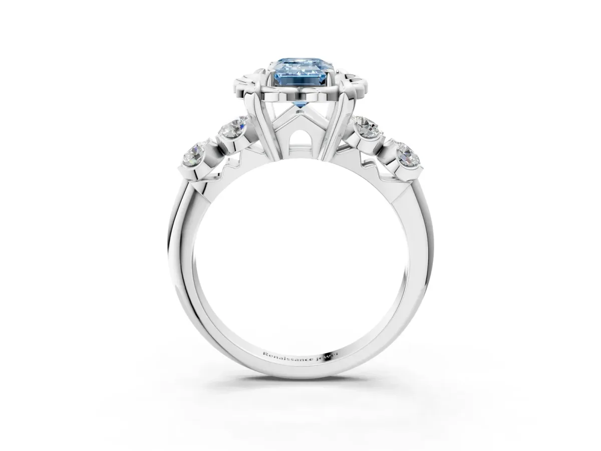 Fancy Blue Emerald Cut Cut Diamond Floral Halo Engagement Ring with Shared Prong Setting Silver