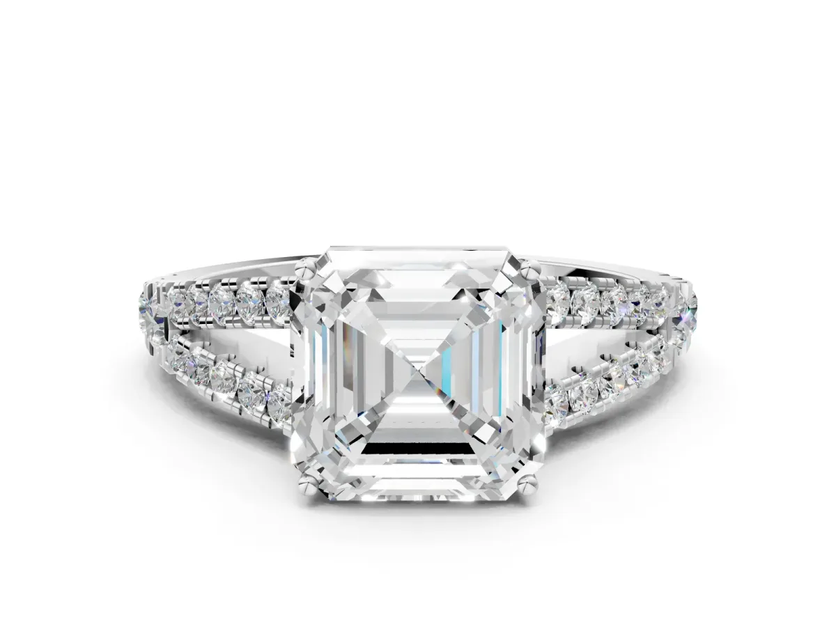 Asscher Cut Diamond Split Shank Engagement Ring with Round Pavé and Prong Setting Platinum
