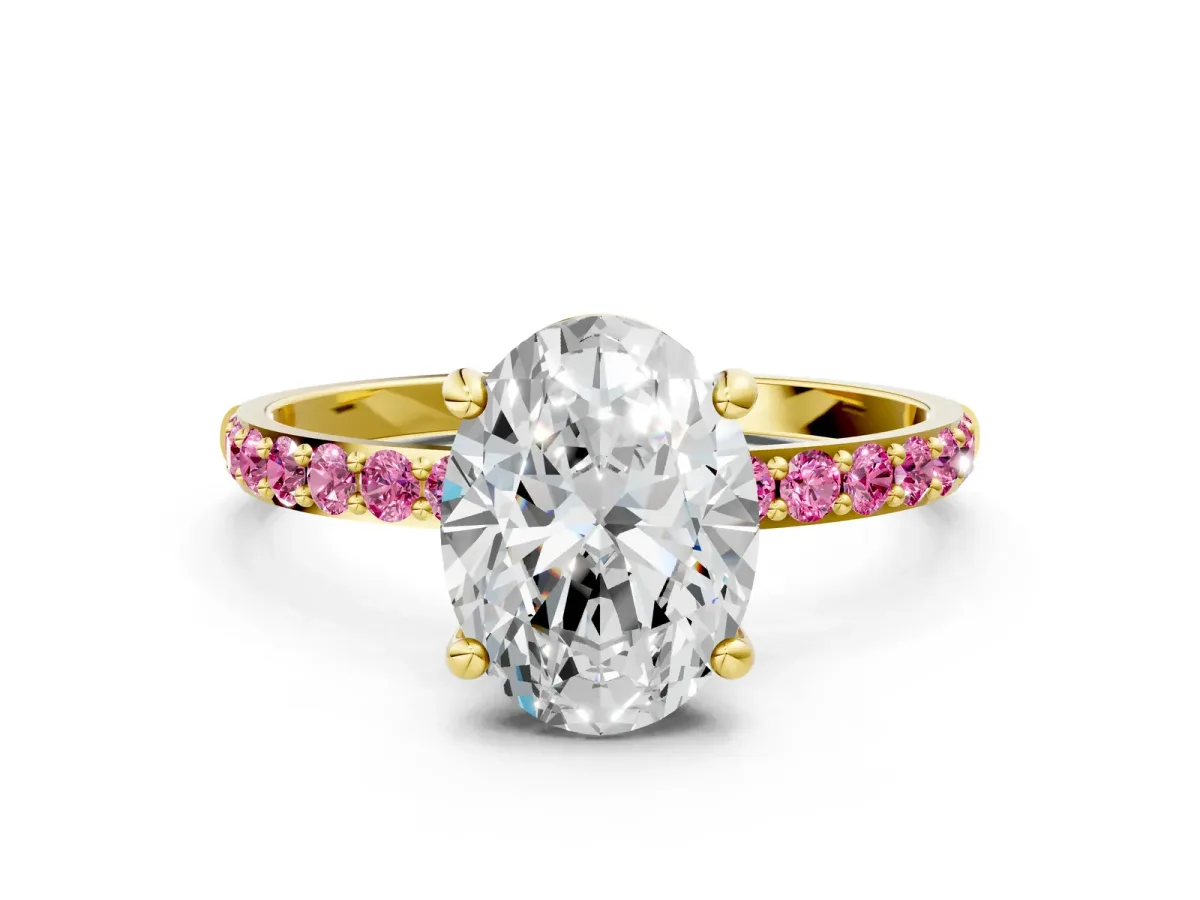 Oval Cut Diamond Solitaire Ring with Round Pink Sapphire Pavé Band and Prong Setting Yellow gold