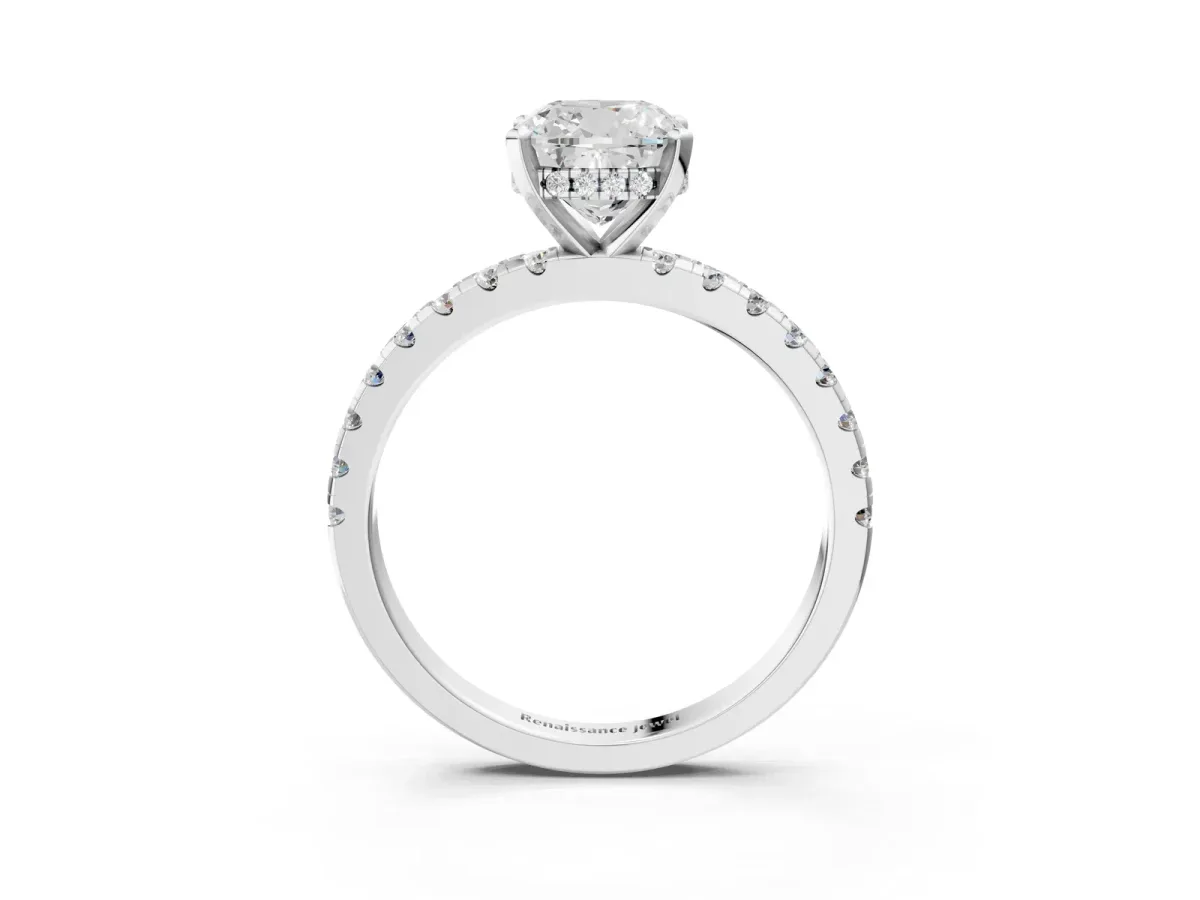 Cushion Cut Diamond Solitaire Ring with Round Moissanite Pavé Band and Four-Prong Setting White gold