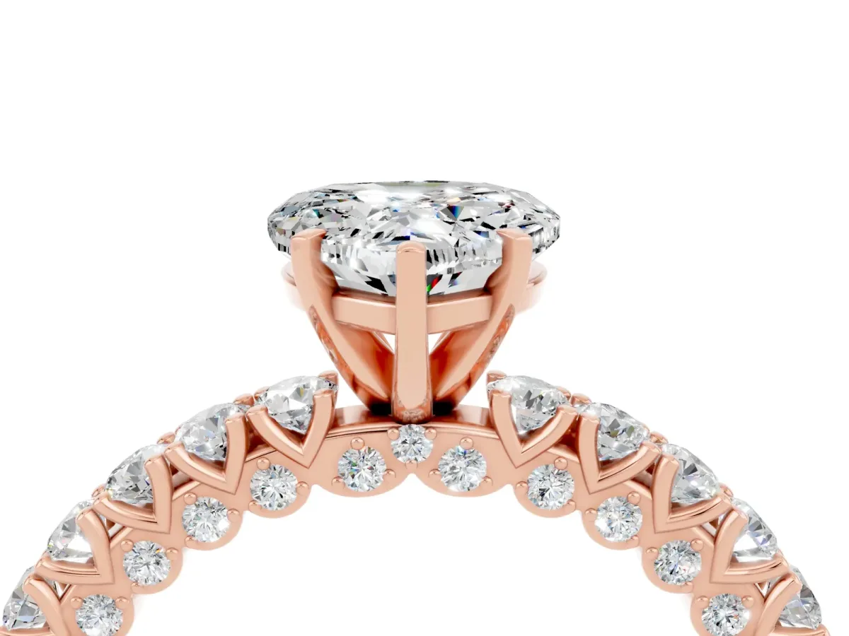 Heart Cut Moissanite Solitaire Ring with Round Accent Pavé Band and Prong Setting Rose gold