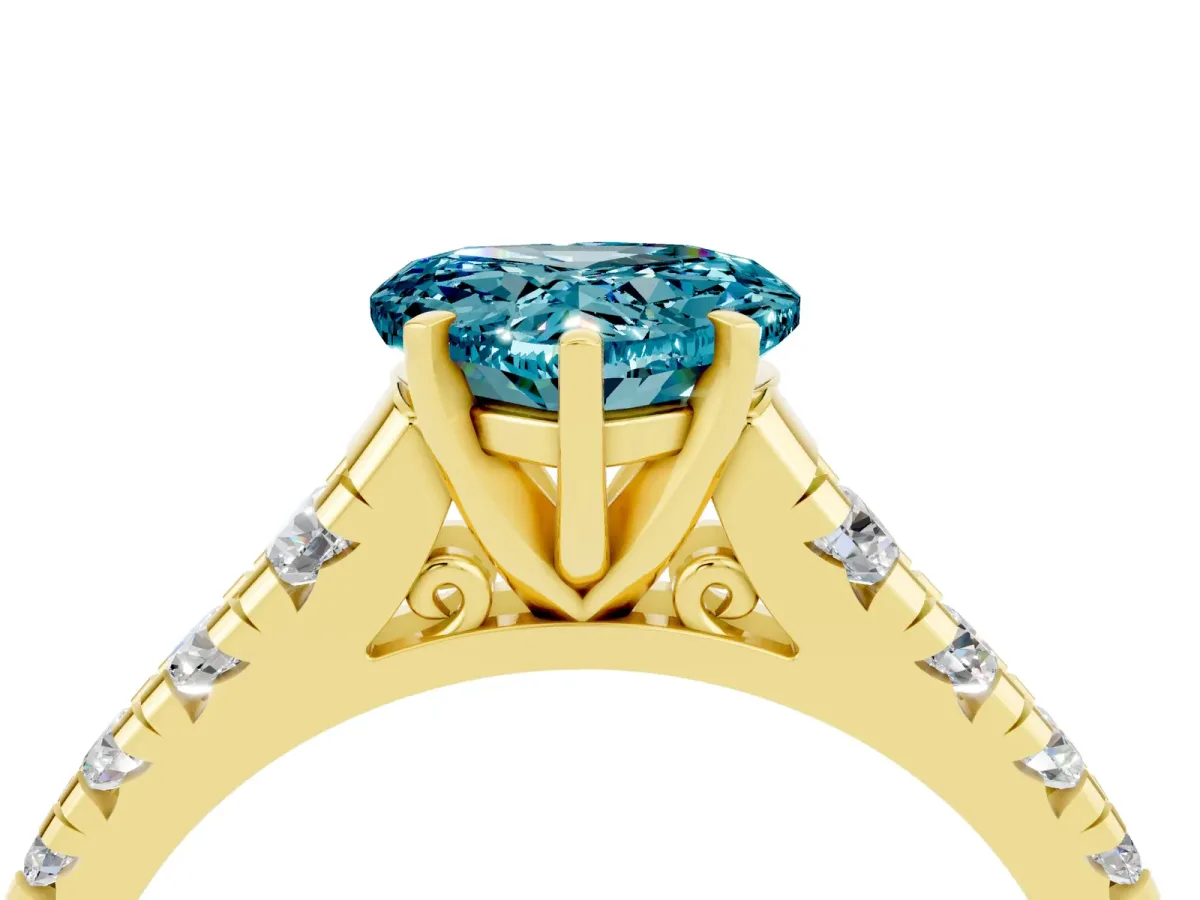 Heart Cut Blue Topaz Cathedral Solitaire Ring with Round Pavé Band Yellow gold