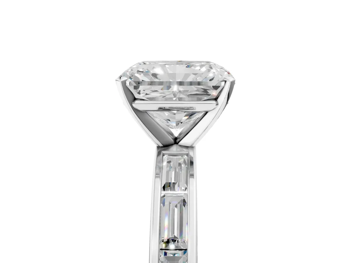 Radiant Cut Solitaire Diamond Ring with Channel-Set Baguette Band and Four-Prong Setting White gold
