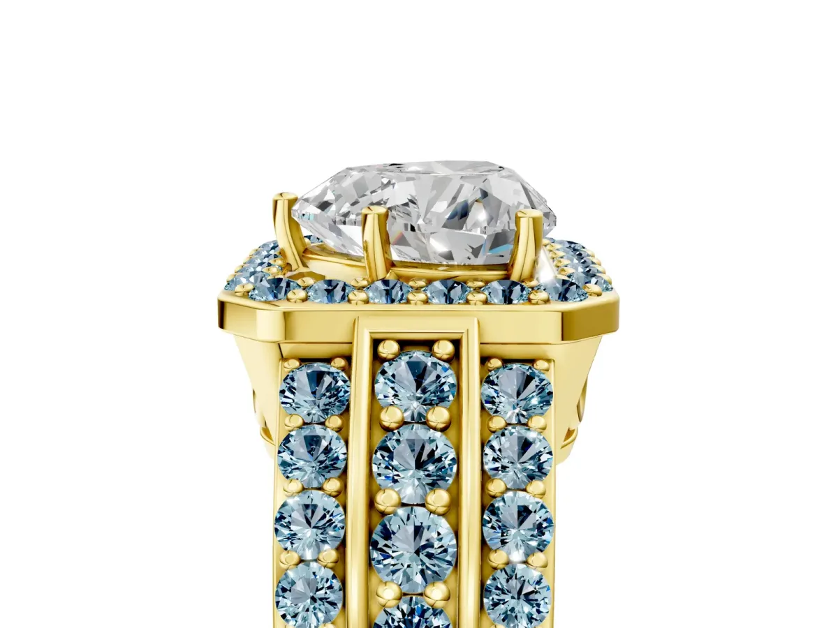Heart Cut Halo Diamond Ring with Round Aquamarine Split Shank and Prong Setting Yellow gold