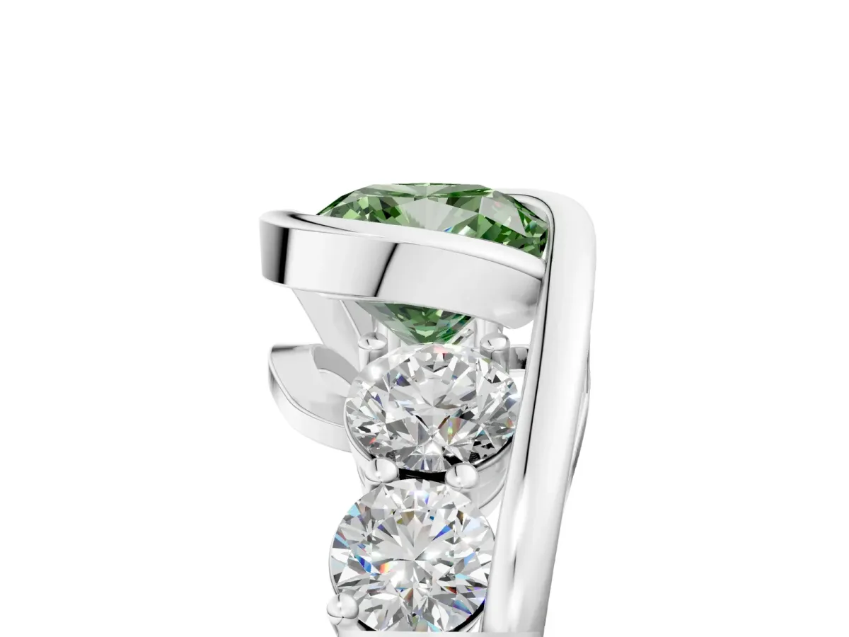Fancy Green Bezel Set Cushion Cut Diamond Bypass Ring with Round Accents Silver