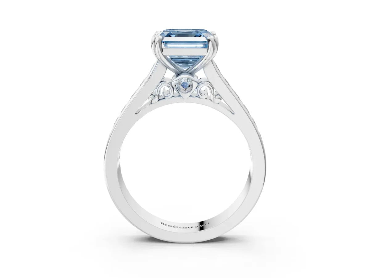 Fancy Blue Asscher Cut Cut Channel Set Solitaire Engagement Ring with Prong Setting Platinum