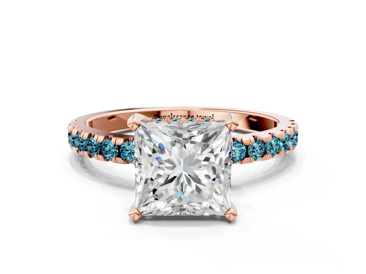 Princess Cut Diamond Solitaire Ring with Round Blue Topaz Pavé Band and Four-Prong Setting Rose gold