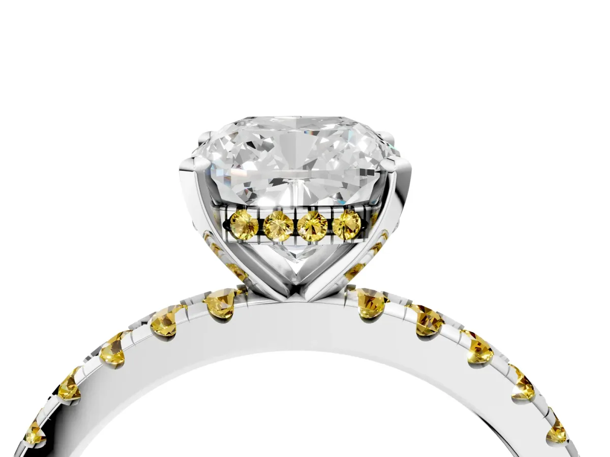 Cushion Cut Diamond Solitaire Ring with Round Yellow Sapphire Pavé Band and Four-Prong Setting White gold
