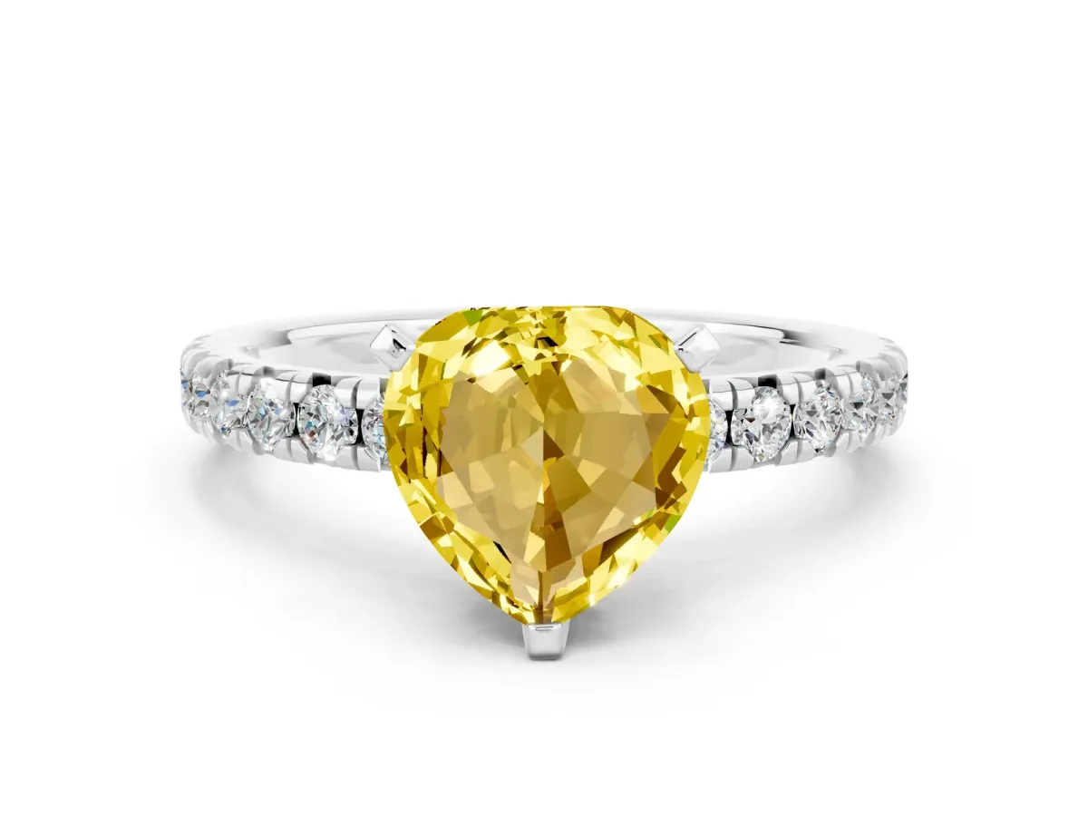 Heart Cut Yellow Sapphire Solitaire Pavé Engagement Ring with Round Band and Prong Setting Platinum