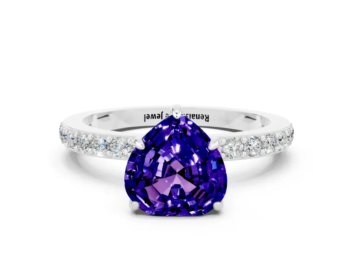 Heart Cut Tanzanite Solitaire Engagement Ring with Pavé Band and Four-Prong Setting White gold