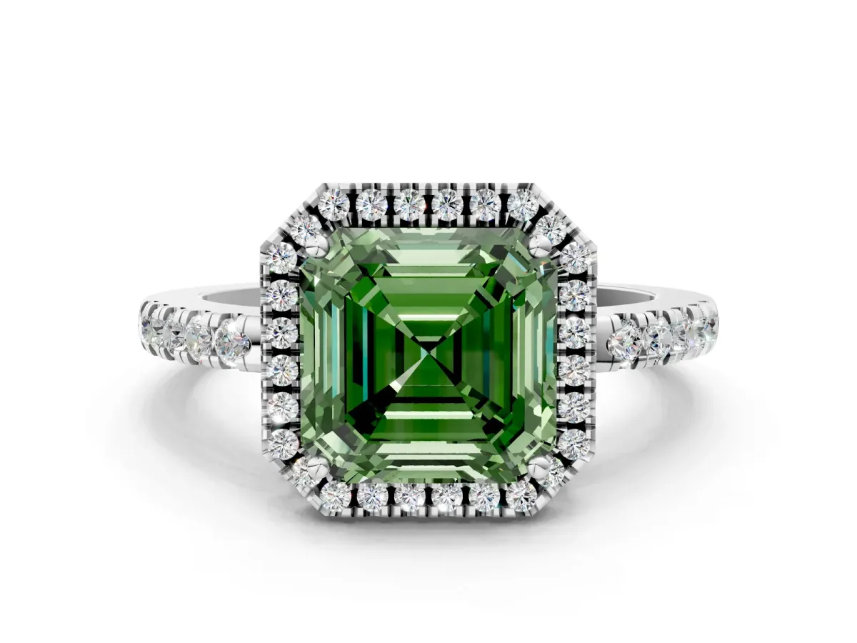 Fancy Green Asscher Cut Halo Diamond Engagement Ring with Pavé Band and Four-Prong Setting Platinum