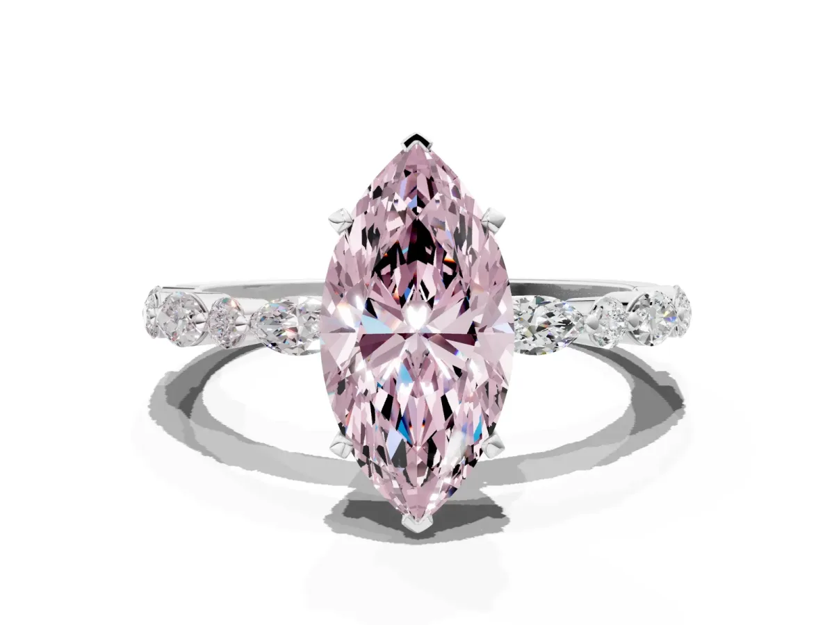 Fancy Pink Marquise Cut Diamond Ring with Marquise and Round Side Stones and Four-Prong Setting White gold