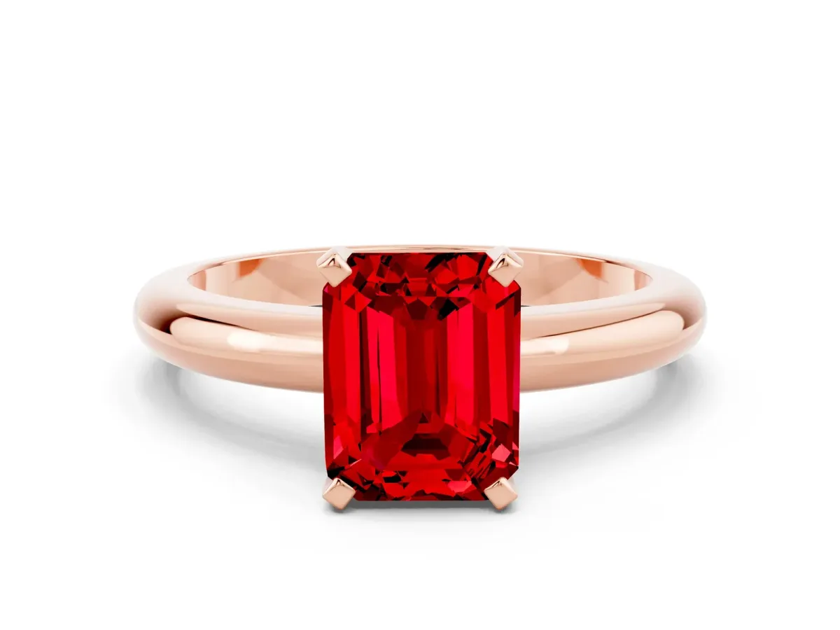 Emerald Cut Ruby Solitaire Engagement Ring with Round Band and Four-Prong Setting Rose gold