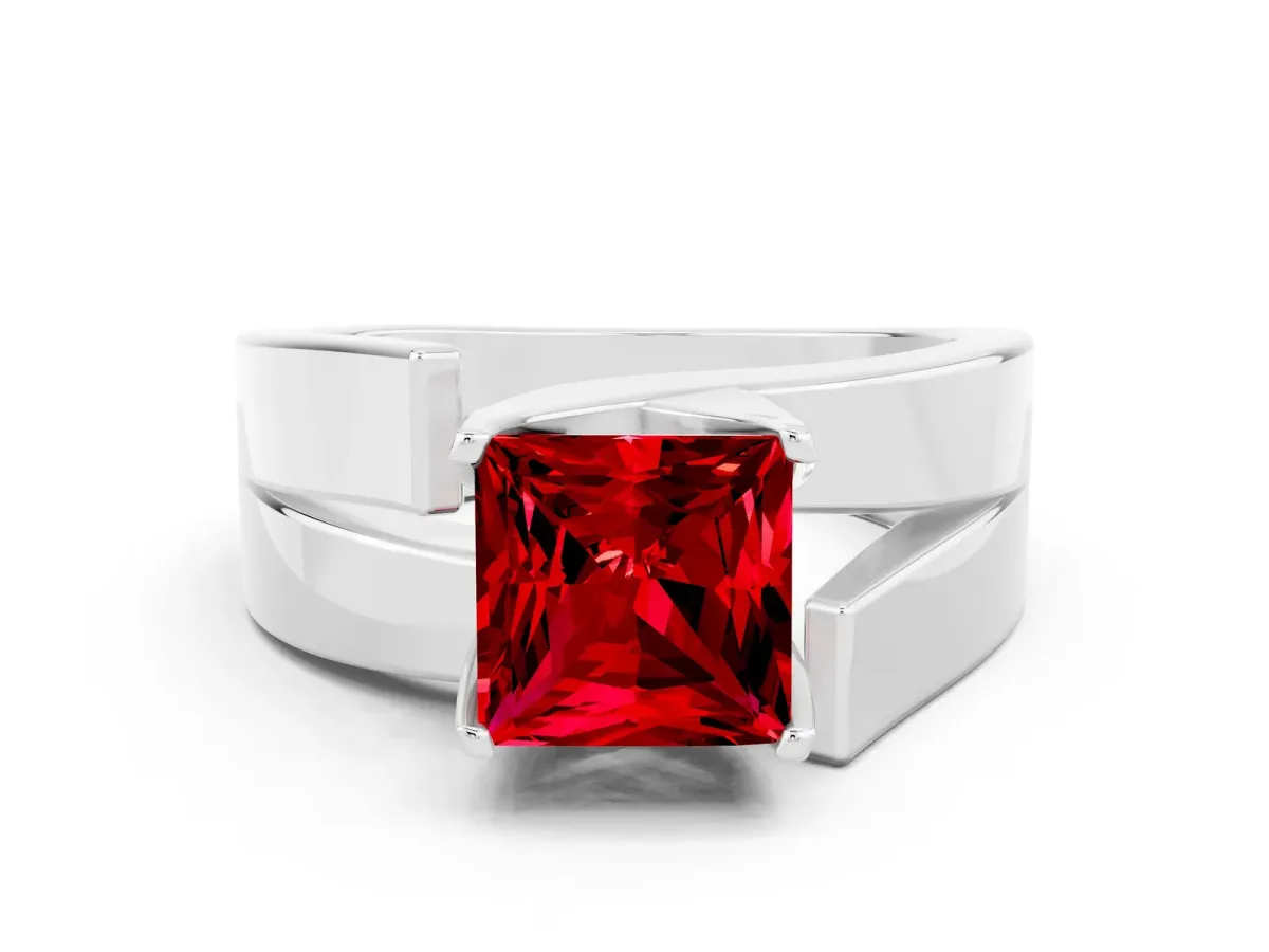 Modern Tension Set Princess Cut Ruby Solitaire Wide Band Ring Silver