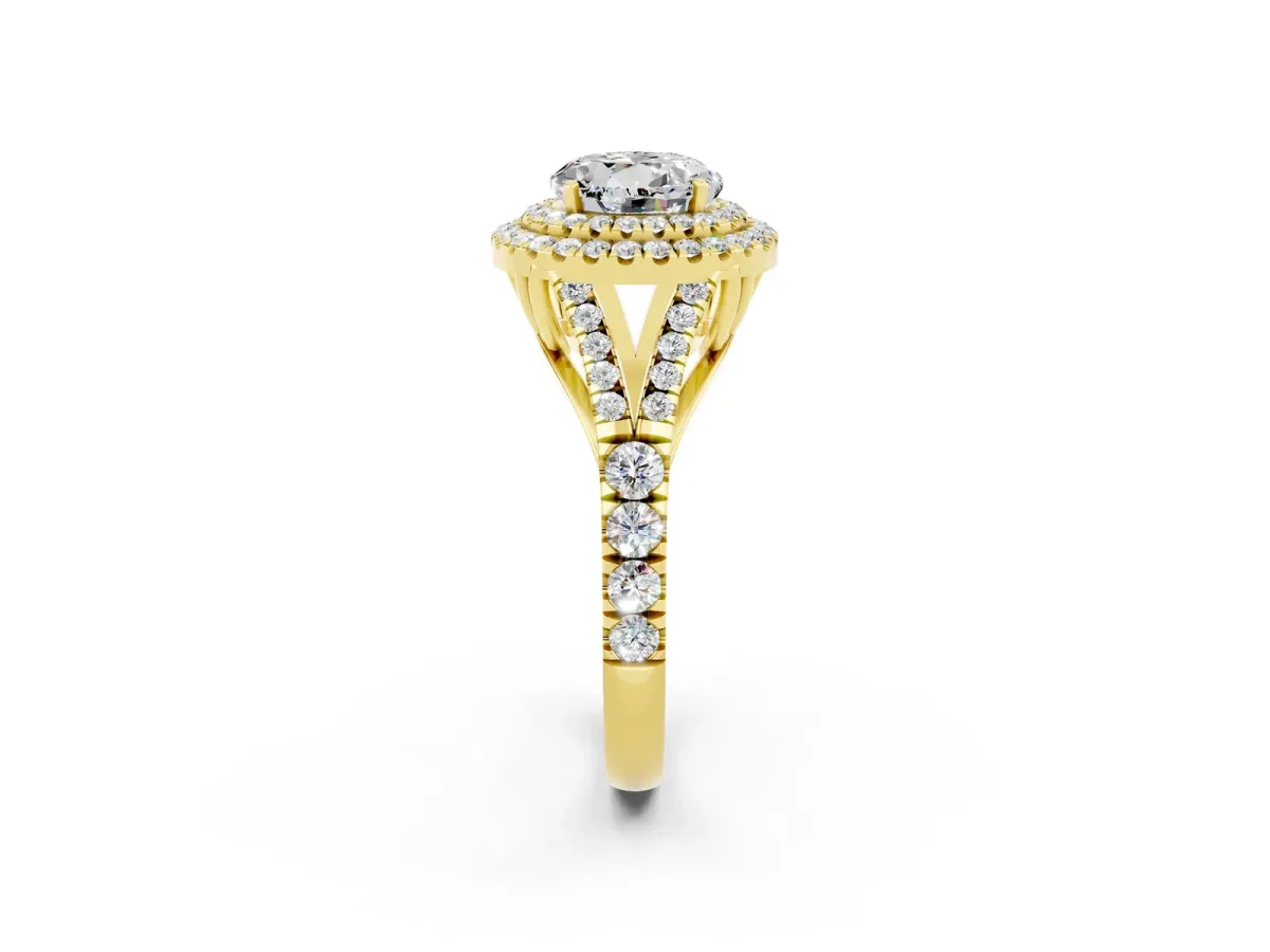 Round Cut Moissanite Double Halo Ring with Split Shank and Prong Setting Yellow gold