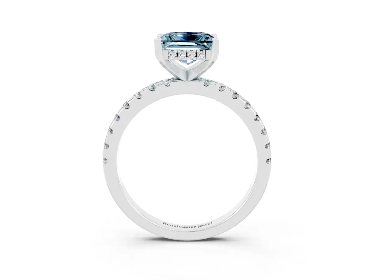 Princess Cut Aquamarine Solitaire Ring with Round Pavé Band and Four-Prong Setting White gold