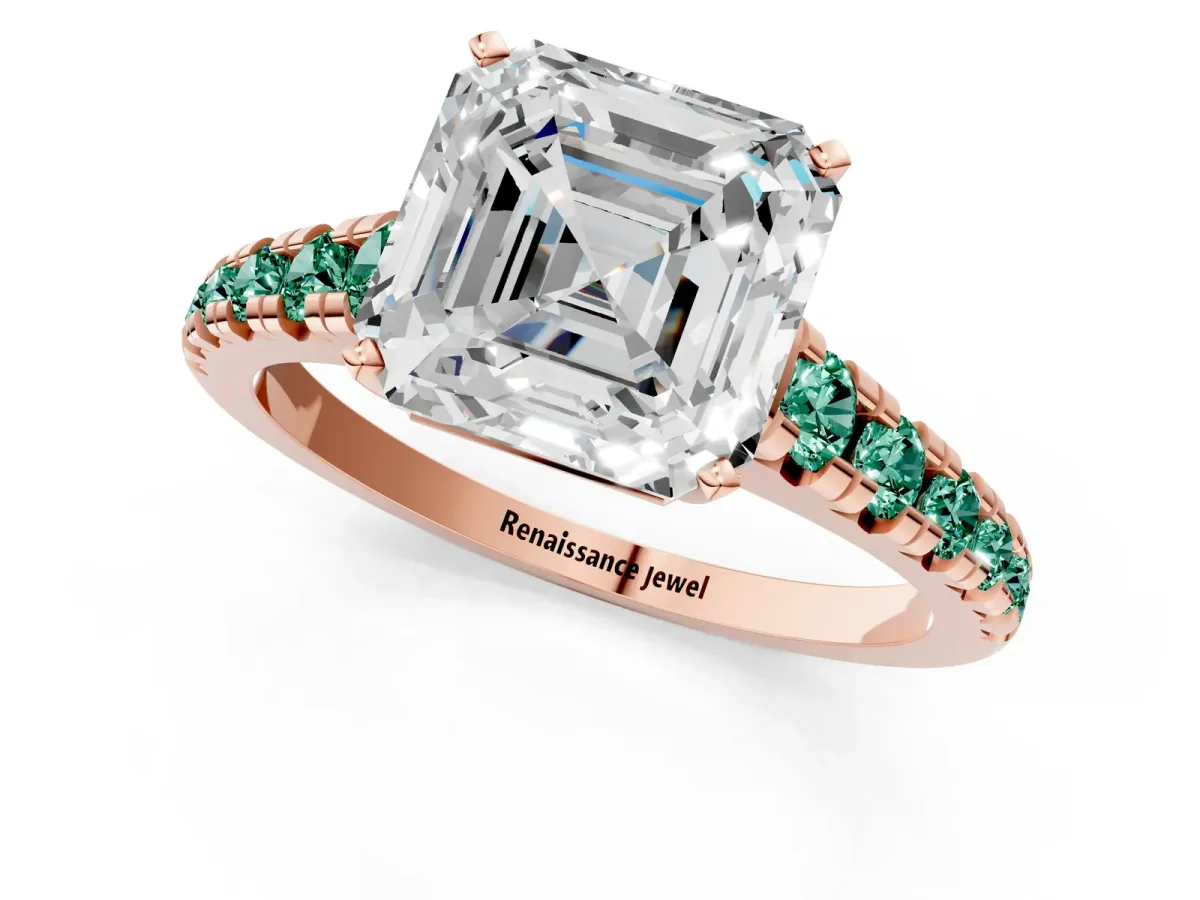 Asscher Cut Diamond Cathedral Solitaire Ring with Round Green Sapphire Pavé Band Rose gold