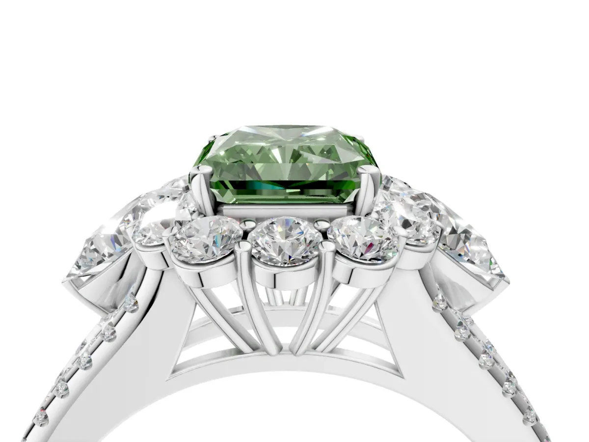 Fancy Green Radiant Cut Halo Split Shank Diamond Engagement Ring with Prong Setting Platinum