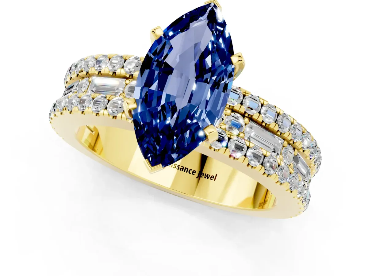 Marquise Cut Blue Sapphire Solitaire Ring with Pavé and Channel Set Band Yellow gold