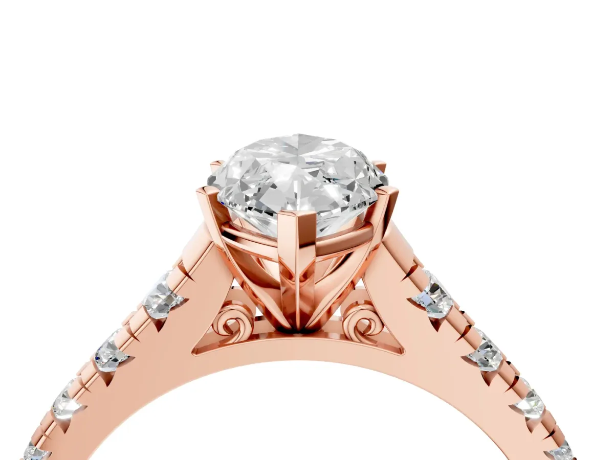 Marquise Cut Diamond Cathedral Solitaire Ring with Round Moissanite Pavé Band Rose gold
