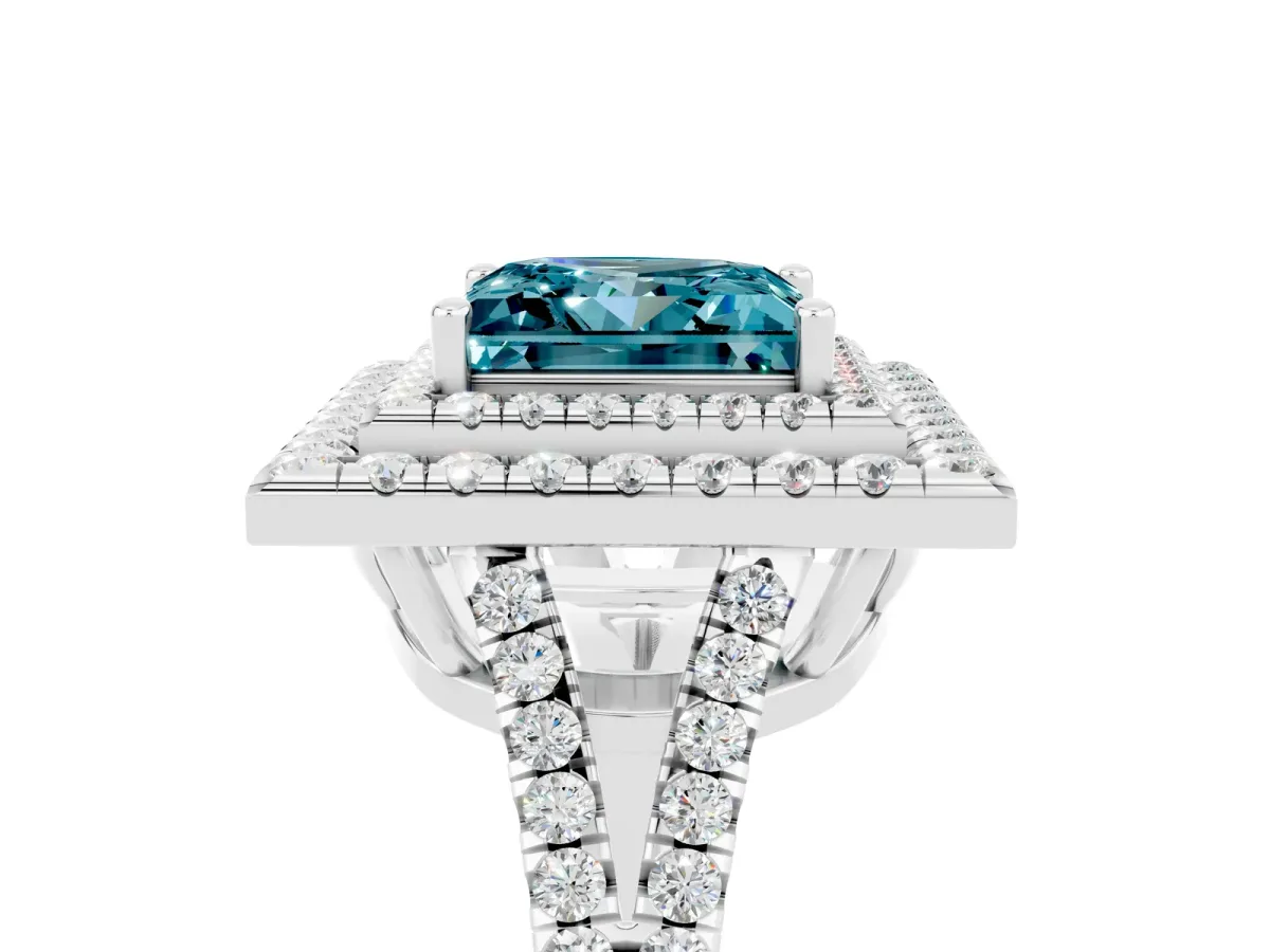 Princess Cut Blue Topaz Double Halo Ring with Pavé Band and Prong Setting White gold
