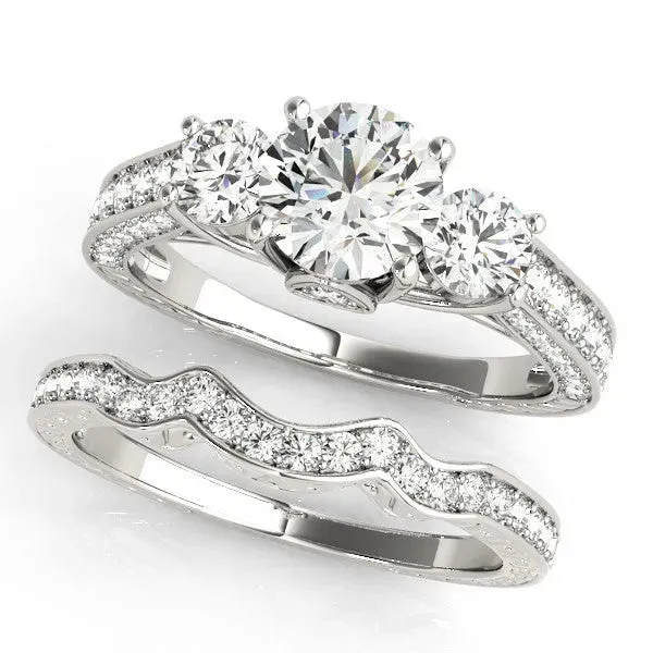 Three-Stone Round Cut Cut Diamond Engagement Ring with Split Shank and Prong Setting Silver