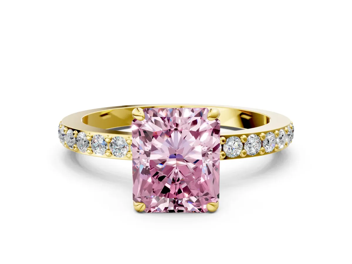 Fancy Pink Radiant Cut Diamond Solitaire Engagement Ring with Pavé Band and Four-Prong Setting Yellow gold