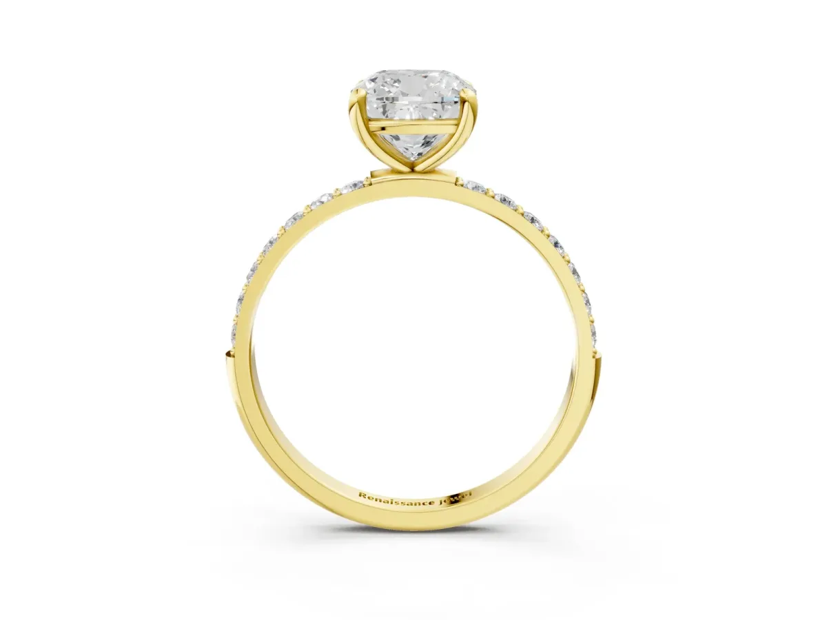 Cushion Cut Diamond Solitaire Ring with Round Moissanite Pavé Band and Prong Setting Yellow gold