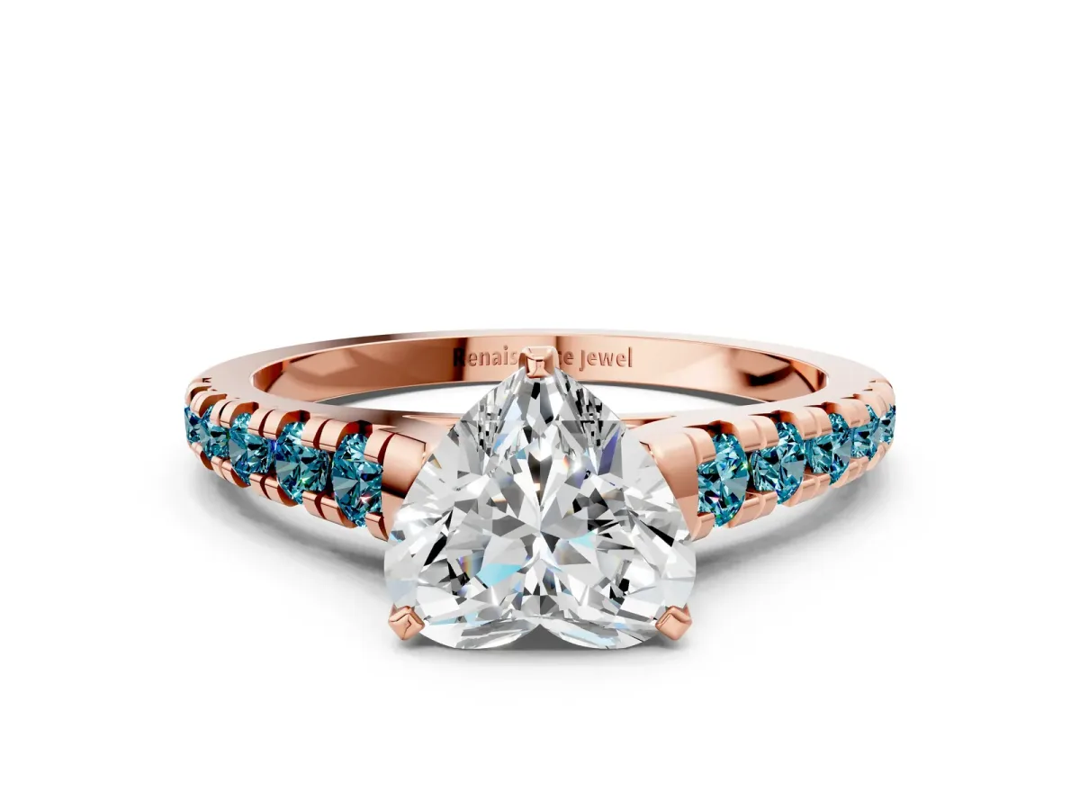 Heart Cut Diamond Cathedral Solitaire Ring with Round Blue Topaz Pavé Band Rose gold