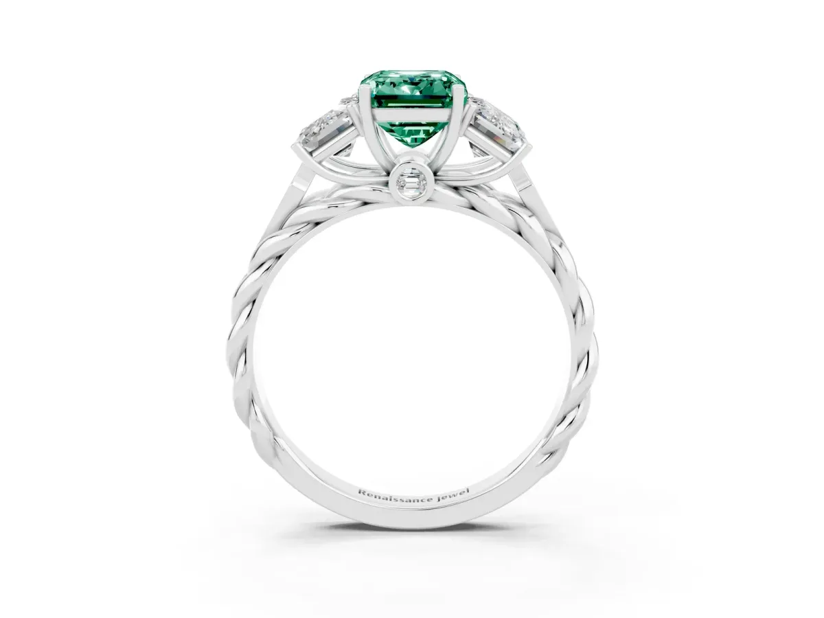 Three-Stone Emerald Cut Green Sapphire Braided Band Ring with Four-Prong Setting Platinum